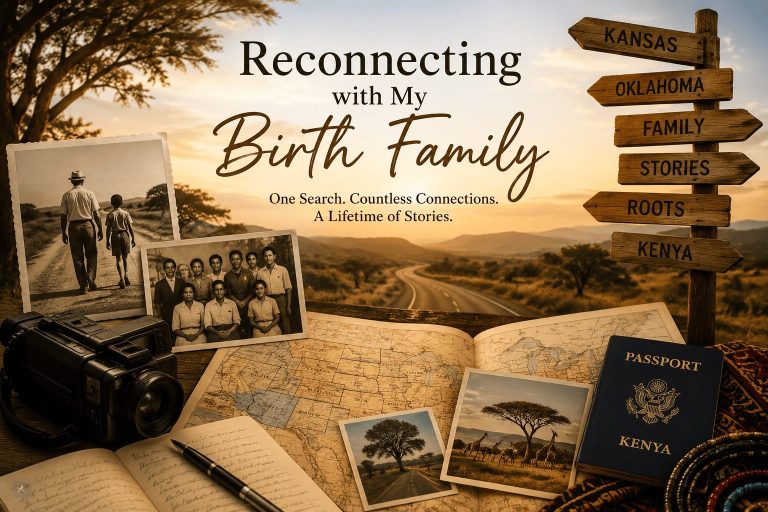 Illustration of a journey reconnecting with birth family, featuring family photographs, a road trip, ancestral stories, and a map linking Kansas, Oklahoma, and Kenya.