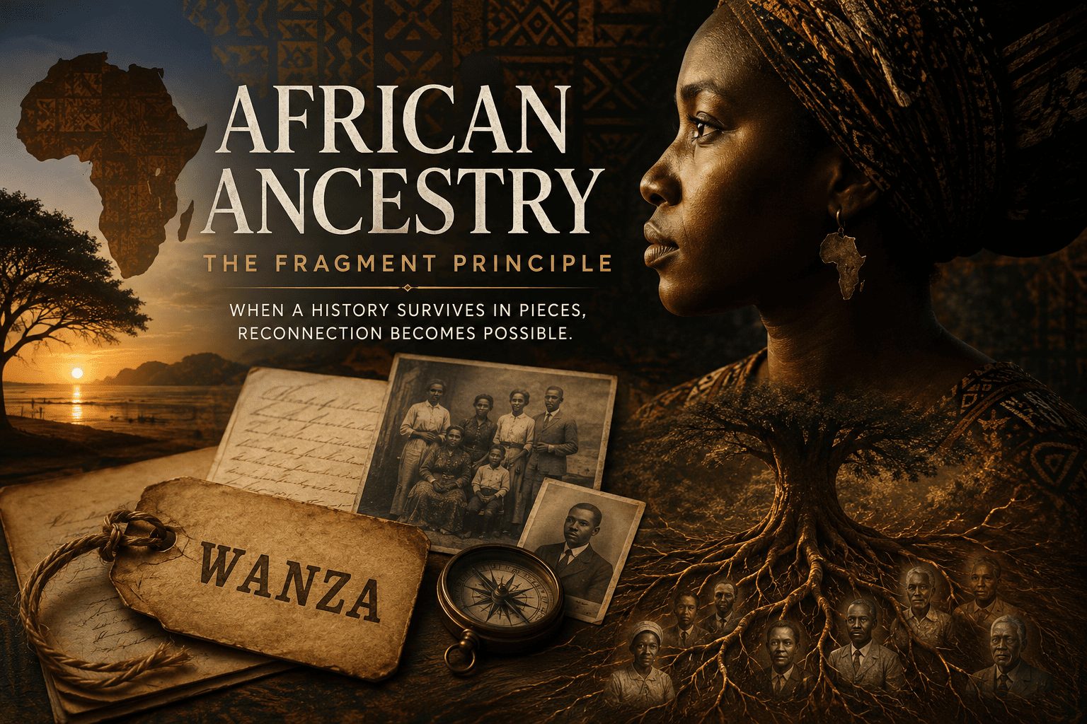 Cinematic visual representation of African ancestry and the Fragment Principle, showing ancestral photographs, a symbolic tree of roots, and a contemplative portrait connected to heritage and family history.