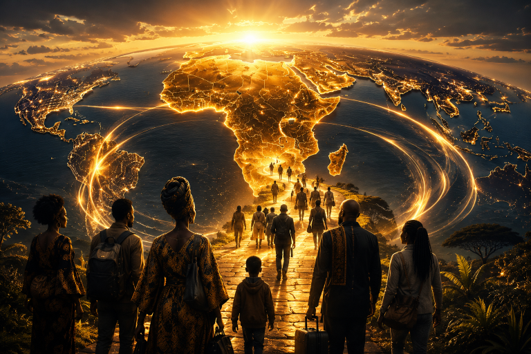 Symbolic illustration of African diaspora identity, heritage, return, culture, and global connection.